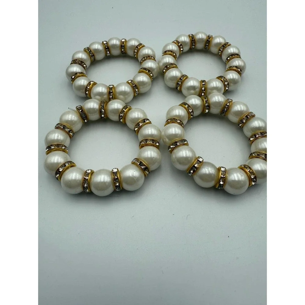 Set of 4 Faux Pearl and Rhinestone Napkin‎ Rings Gold Tone Table Decor Elegant